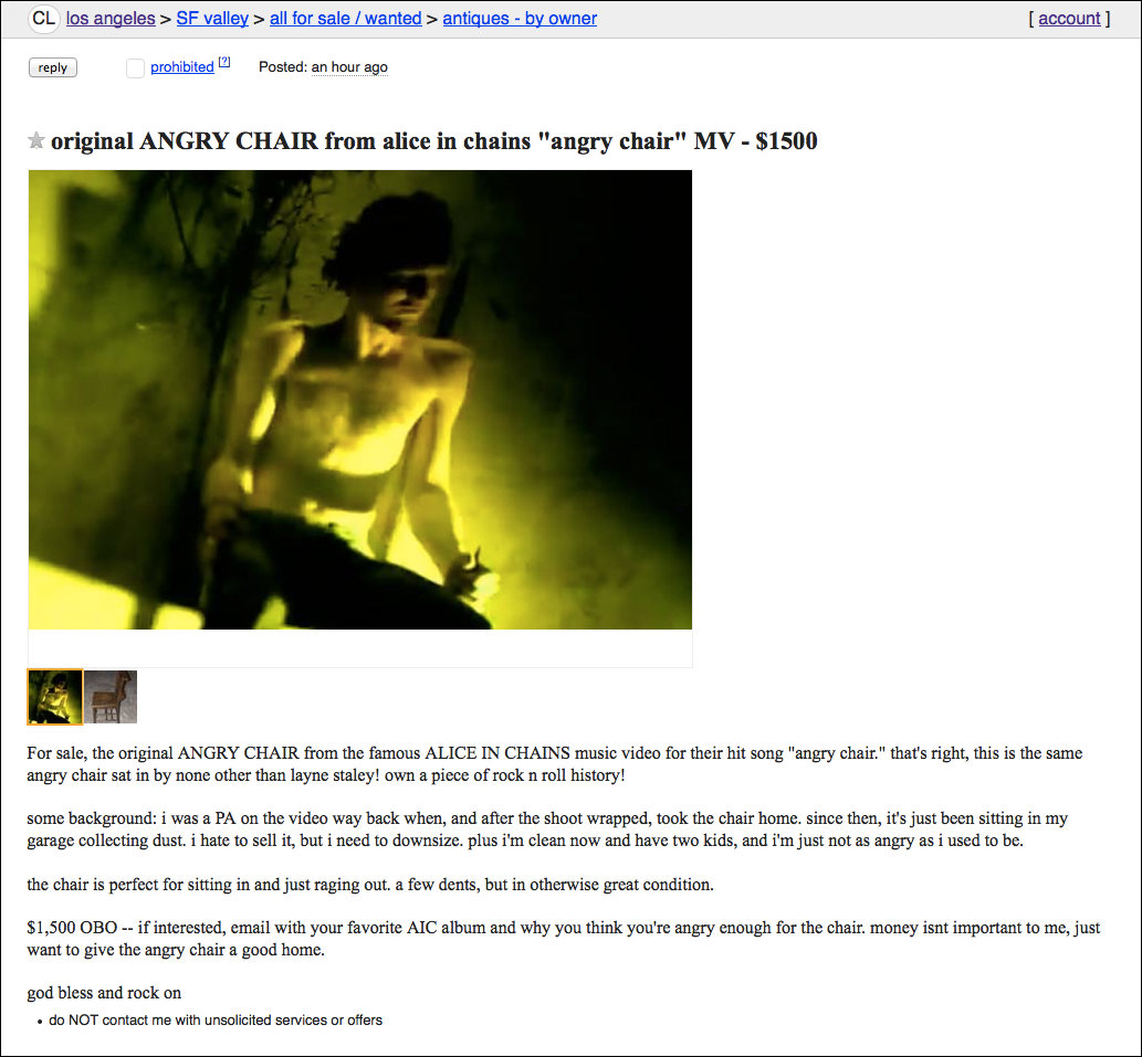 A craigslist post selling the Angry Chair.