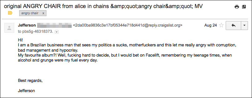 An email from a businessman wanting to buy the chair.