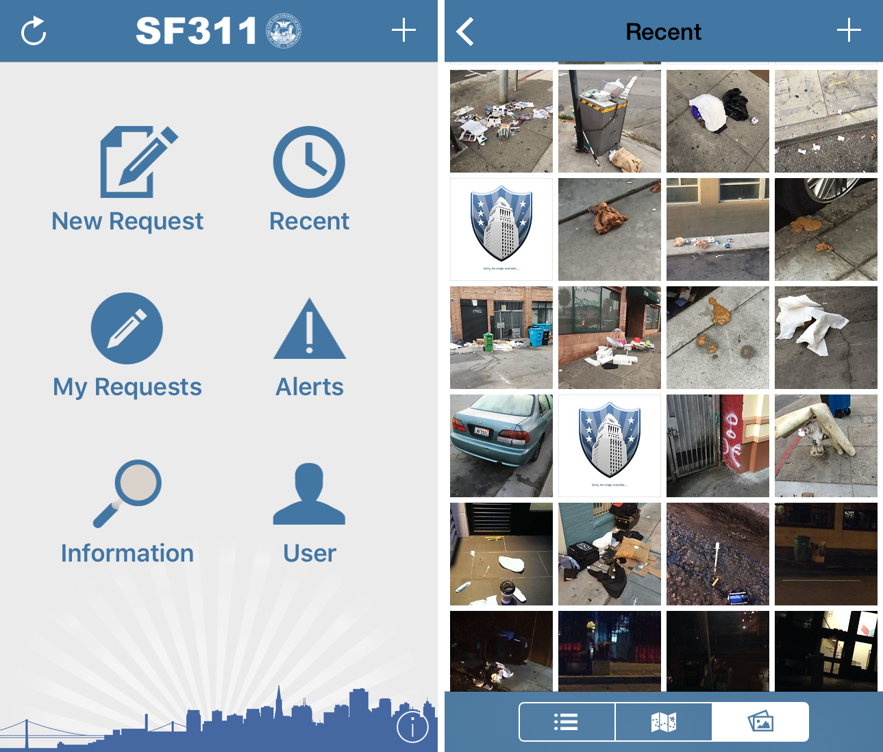 A screengrab of the main screen and feed of the SF311 app.