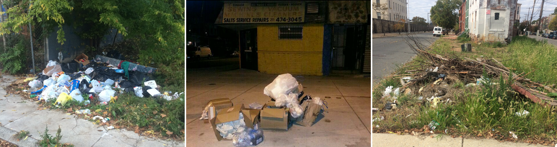 Three photos of piles of dumped trash.