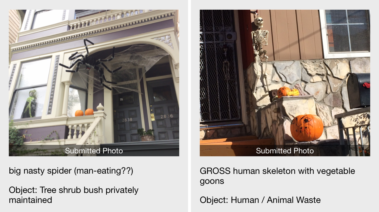 Two pictures of stoops in San Francisco featuring Halloween decorations including a giant fake spider and a Jack-O-Lantern.
