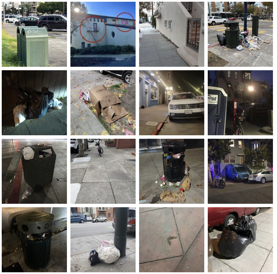A grid of images of spilled garbage around urban areas.