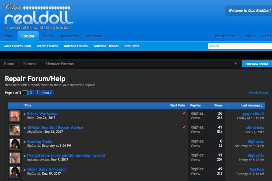 The front page of the Club RealDoll forum.