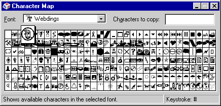 A screengrab of the Windows 95 Character Map window, featuring the Webdings font.