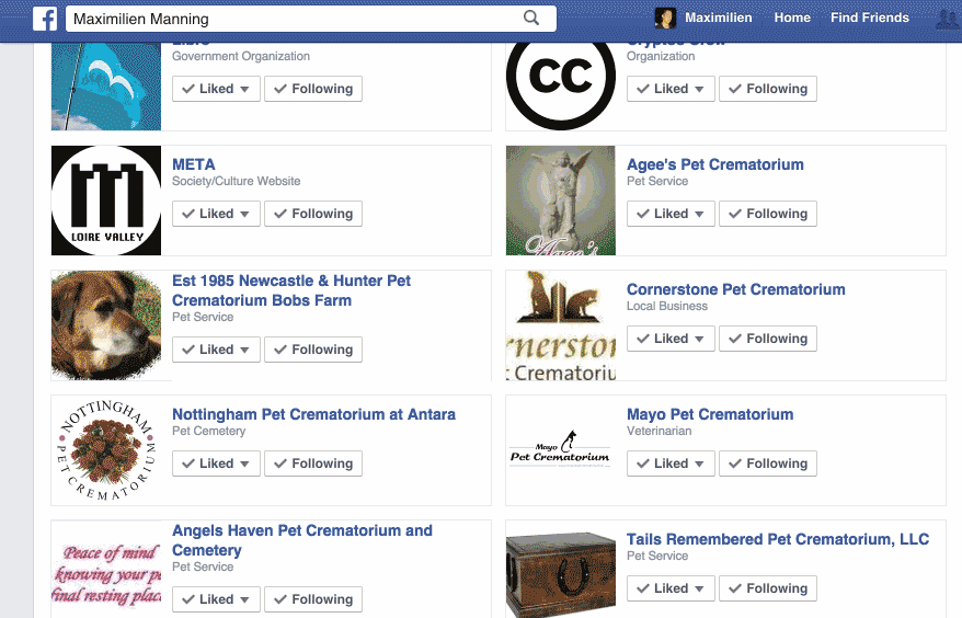 A GIF scrolling through a Facebook interests page, featuring dozens of pet crematoriums.