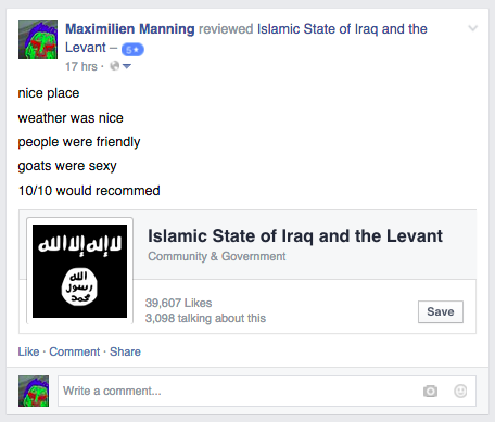 A post from the public profile recommending ISIS.