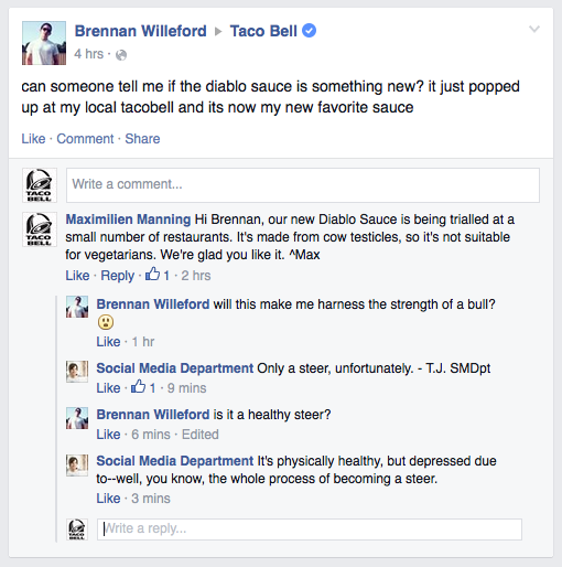The profile impersonating a Taco Bell customer service agent, and heckling a customer.