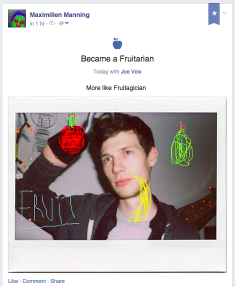 A post featuring a photo of the author of this piece, decorated with MS Paint drawings of fruit.