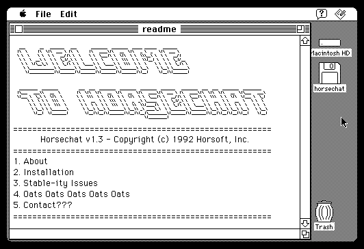 A screengrab of the ReadMe file for HorseChat on an old Mac.
