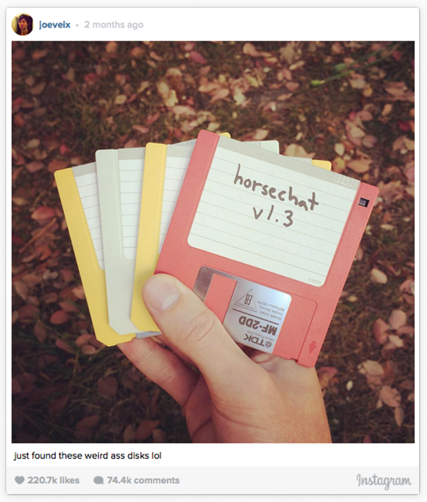 An Instagram post from the author of this piece, holding four floppy disks labeled HorseChat 1.3