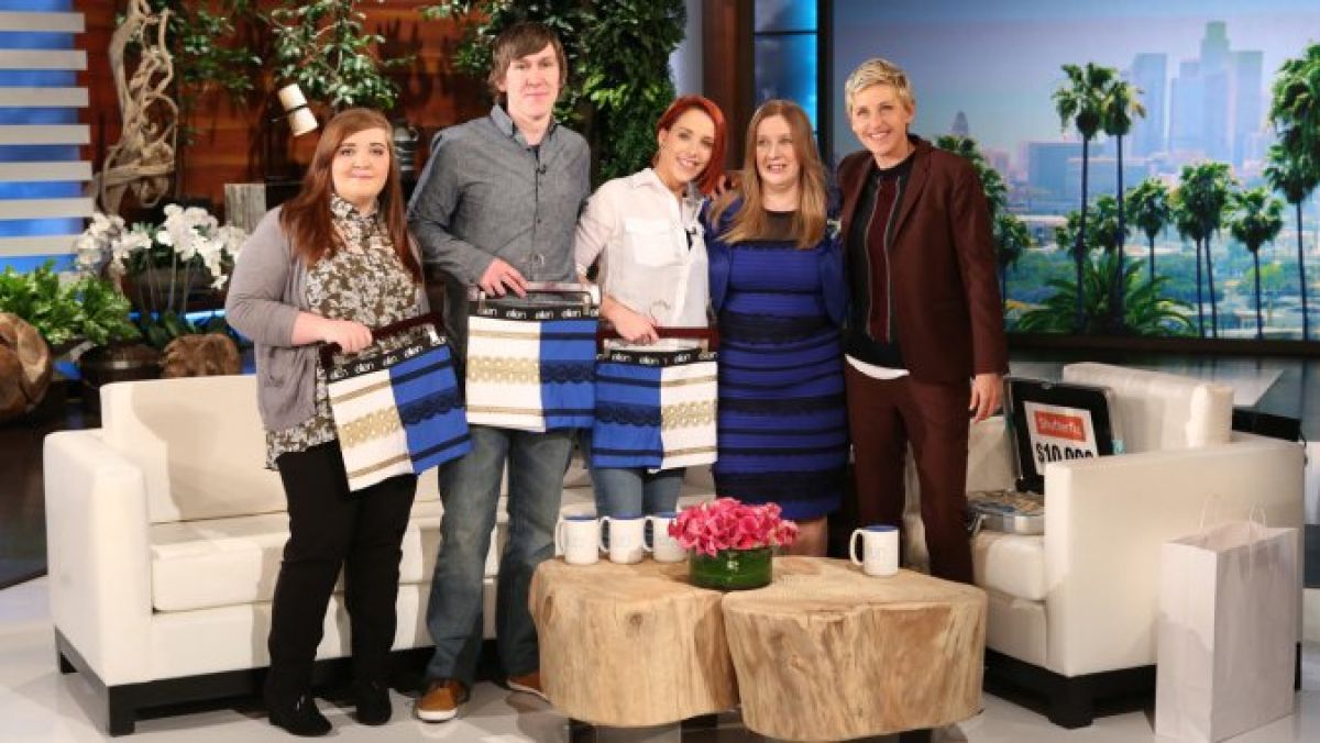 An image from the talk show Ellen, after Ellen gave Cecilia and her family underwear resembling the dress.