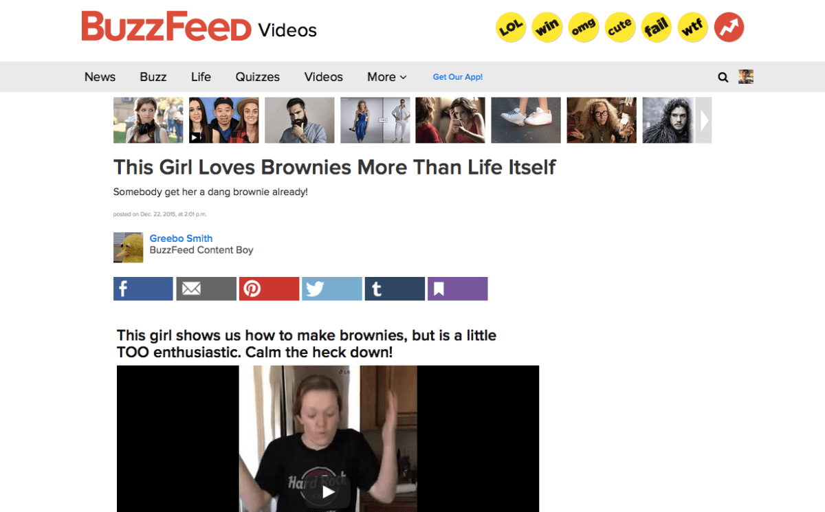 A doctored image of a fake post from BuzzFeed, incorporating the brownie video from above into a clickbait article.
