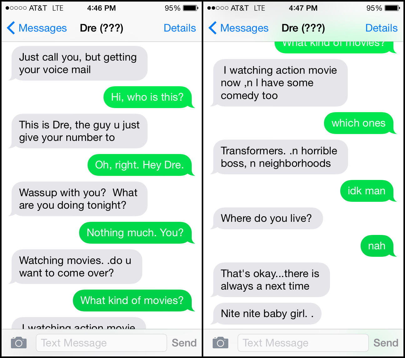 A text message exchange where the sender, Dre, has the wrong number and is trying to flirt.