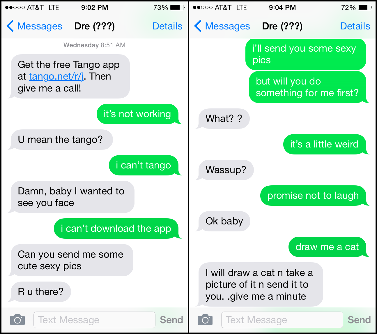 The recipient convinces the Dre to draw animals in exchange for nude photos.