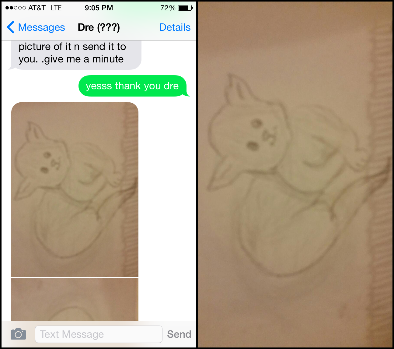 Dre shares a drawing of a cat via text.