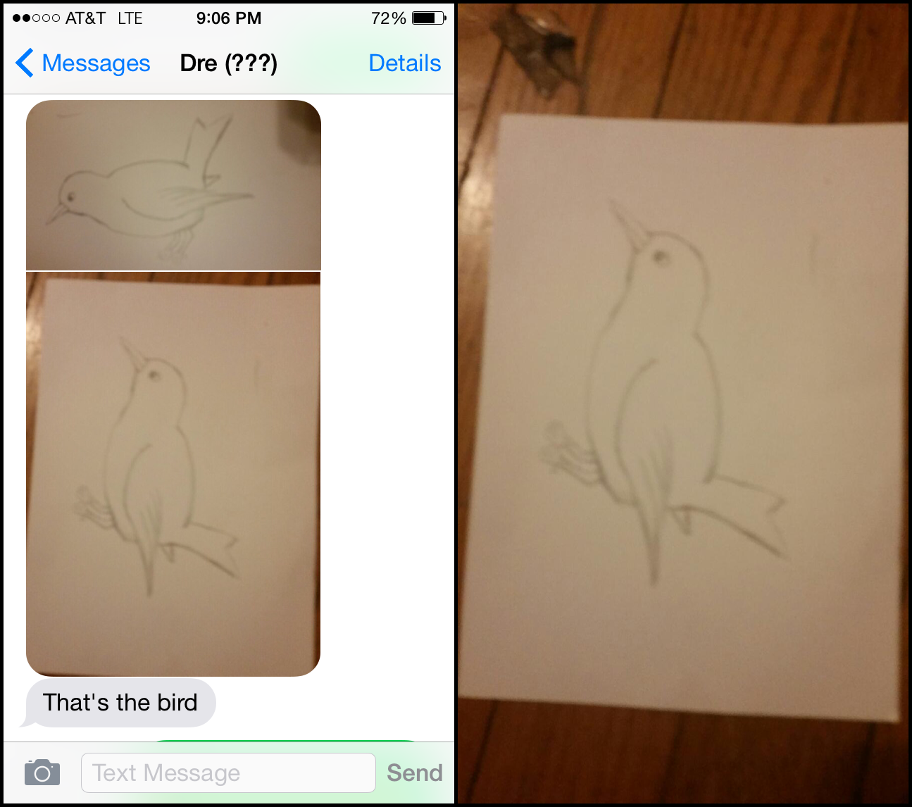 Dre shares a drawing of a cat via text.