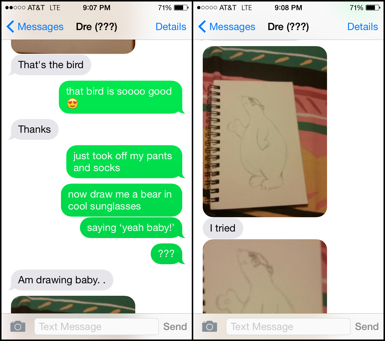 Dre shares a drawing of a bear via text.