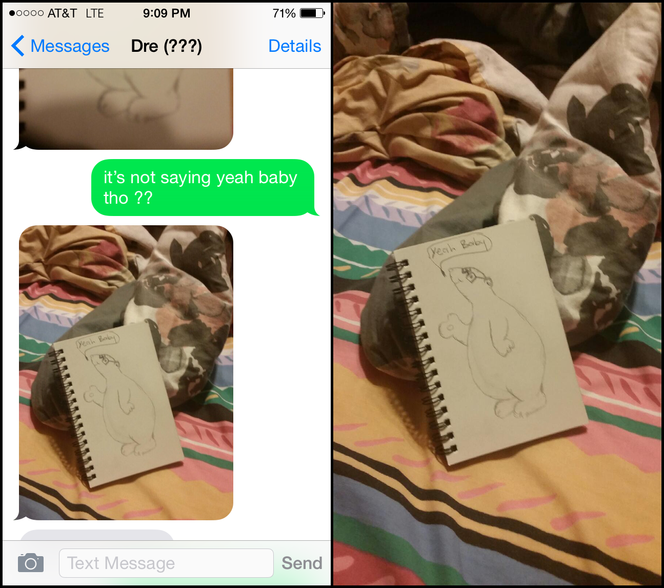 Dre shares an ammended drawing of a bear via text.