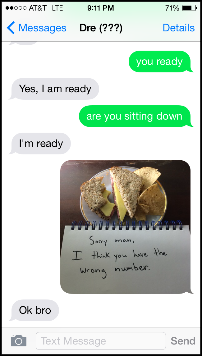 The author sends a photo of a gross, dry sandwich, with a written note that says sorry.